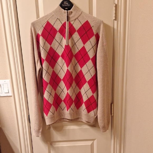 Burberry Beige and Red Argyle Zip-Up Sweater